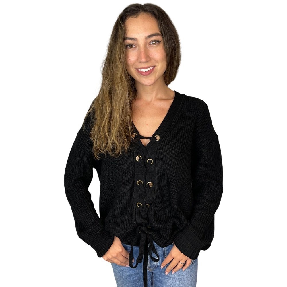 NWOT Black Lace Up Grommet Sweater